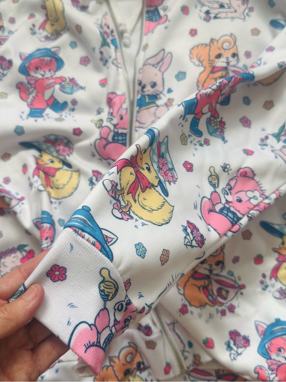 Sugar Thrillz White Hooded Zip-Up Pajama Top with Pastel Cartoon Characters - Picture 3 of 5